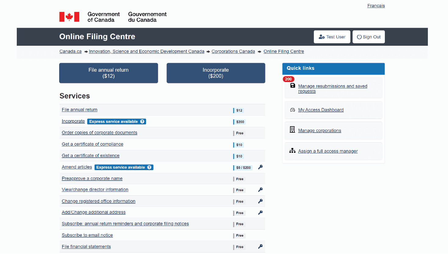 Online Filing Centre homepage showing the final Quick Links panel.