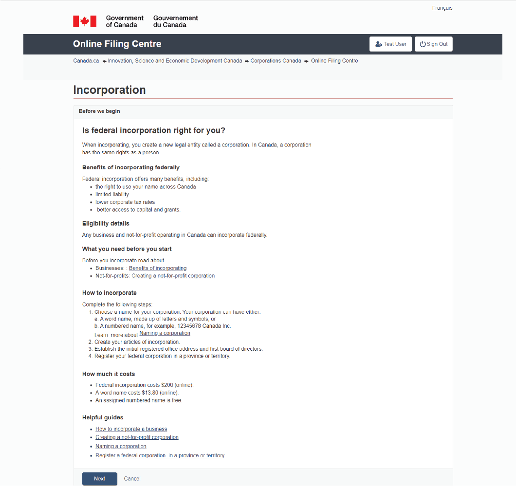 Original incorporation onboarding screen.