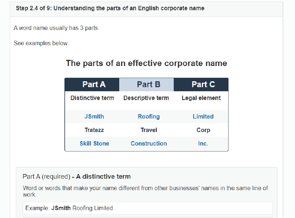 Name-entry step within the incorporation flow.