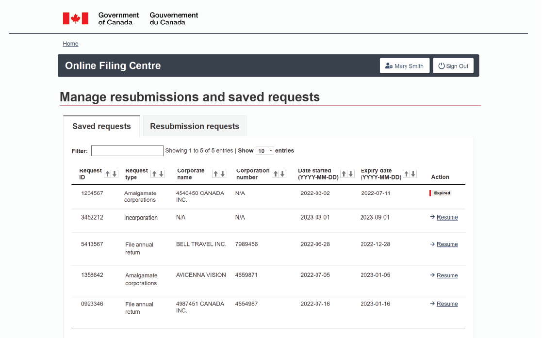 Manage resubmissions and saved requests page.