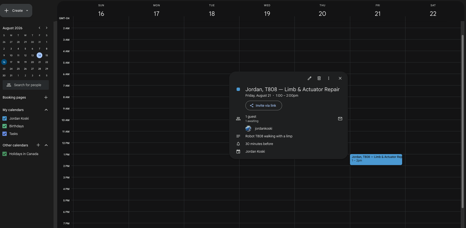 Google Calendar showing the confirmed Limb and Actuator Repair on Friday from 1:00 to 2:00 PM.