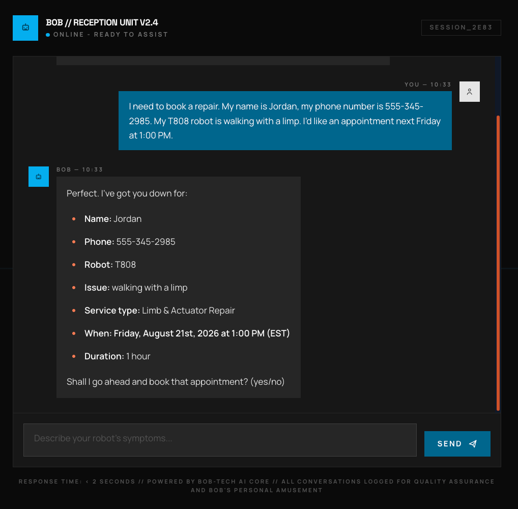 Booking conversation where Bob summarizes the customer, robot issue, service, time, and duration before asking permission to create the appointment.