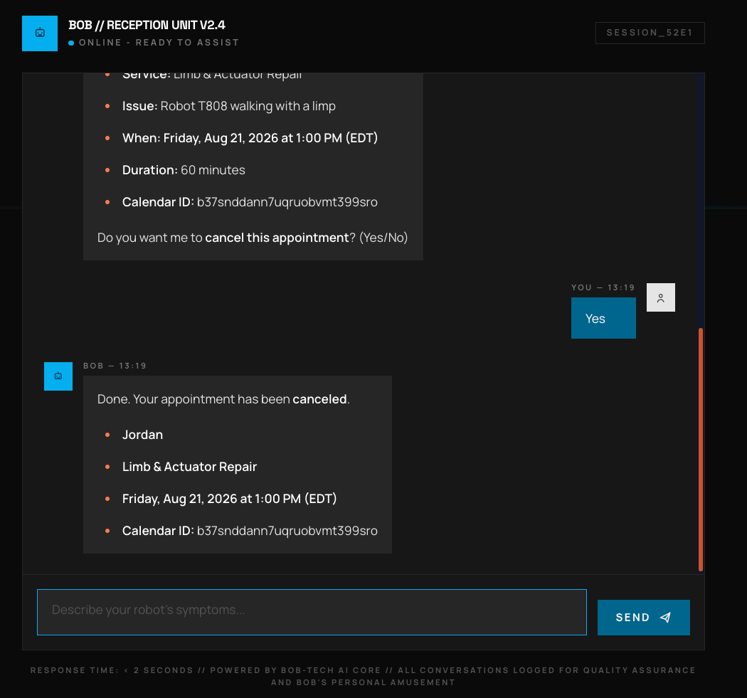Cancellation conversation showing the appointment confirmation question, the user replying yes, and Bob reporting the cancellation.