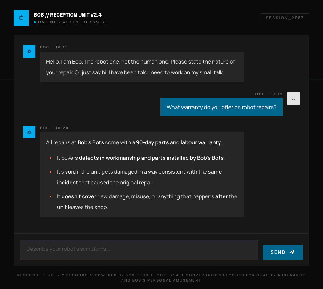 Bob’s chat interface answering a warranty question with a retrieved 90-day parts and labour policy.