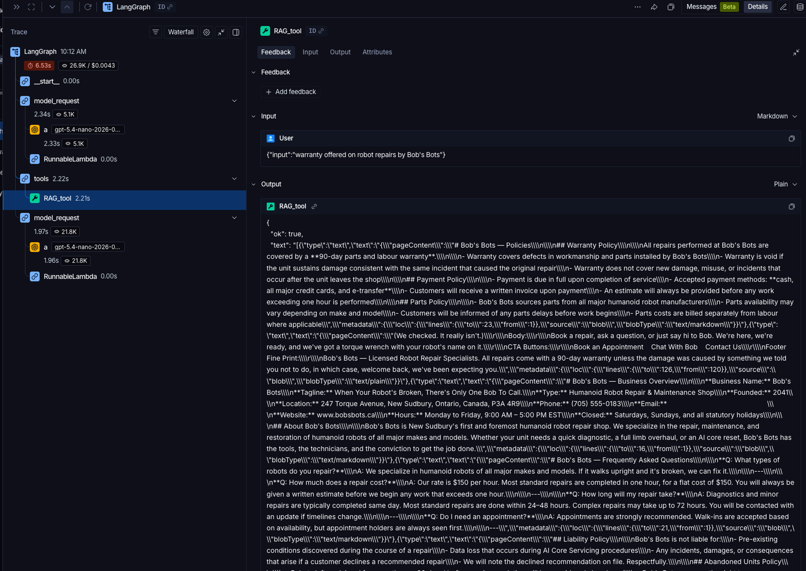 Agent trace showing a warranty query sent to the RAG tool and matching policy text returned.