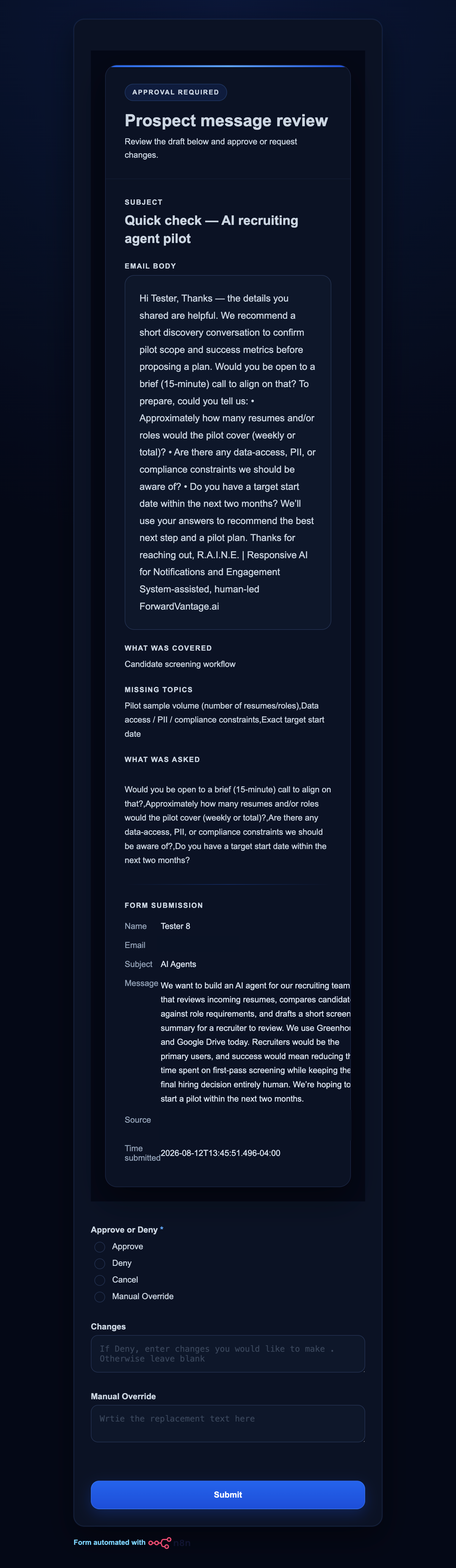 Initial human-review draft for a synthetic recruiting-agent inquiry.
